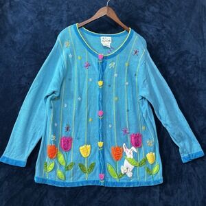 The Quacker Factory Womens Beaded Easter Cardigan Sweater Size 1X Blue Embellish